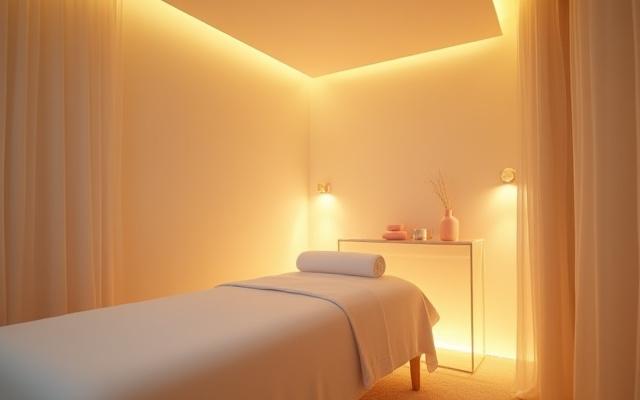 Persekitaran bilik rawatan facial yang tenang dan bersih dengan pencahayaan lembut