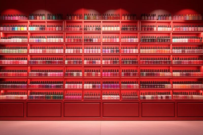 Dinding penuh dengan botol pengilat kuku berwarna-warni di salon