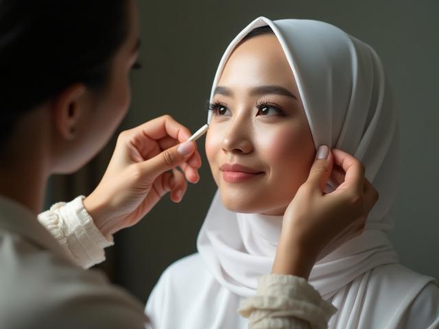 Juru solek dengan teliti membuat sentuhan akhir pada pengantin