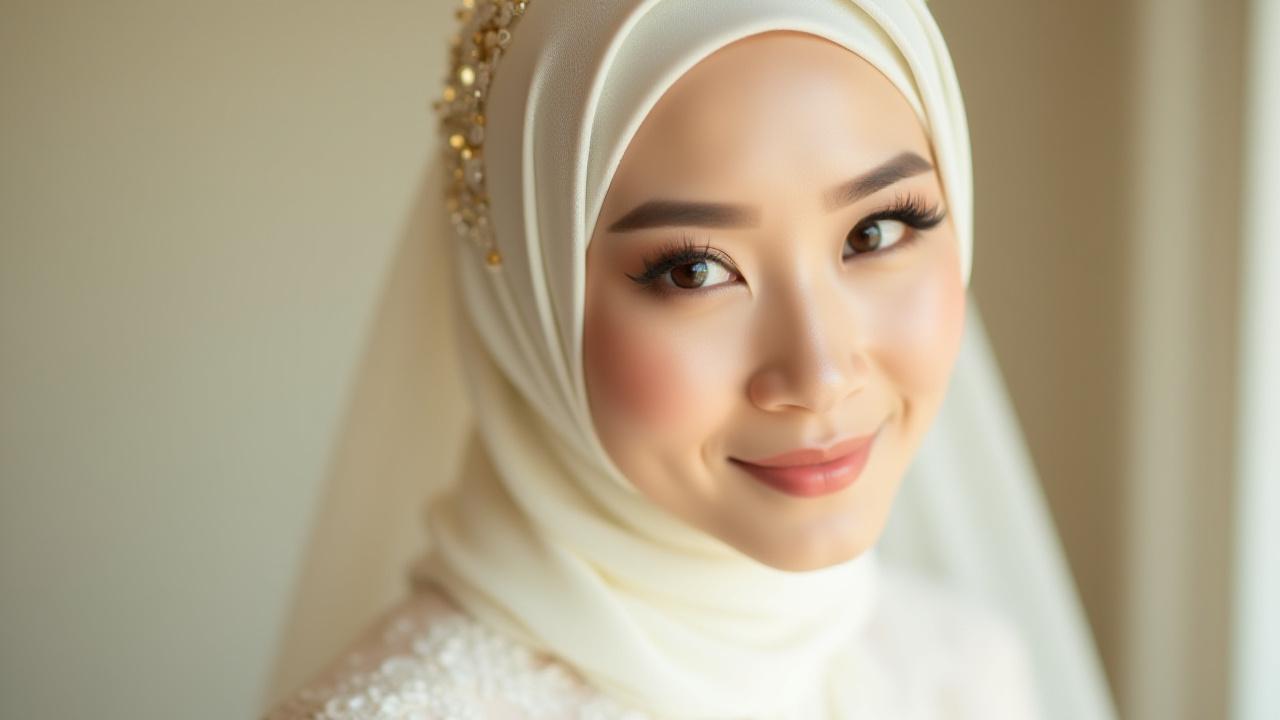 Seorang pengantin Melayu yang berseri dengan solekan anggun dan hijab moden, tersenyum manis