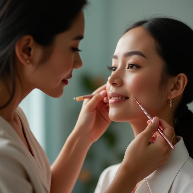 Juru solek Sinar Ayu sedang beraksi dengan pelanggan