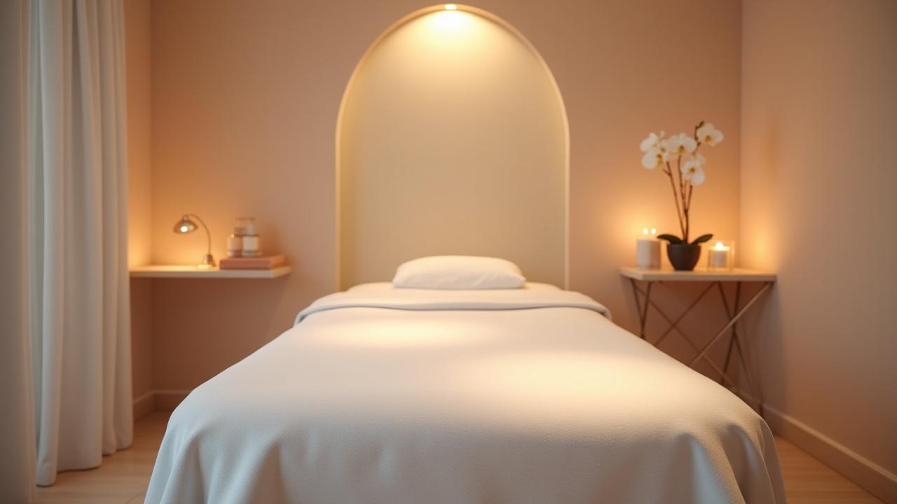 Bilik facial atau urutan peribadi yang tenang dan disinari cahaya lembut, dengan katil spa yang kemas dan hiasan menenangkan.