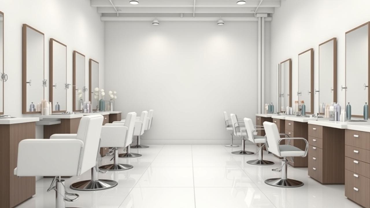 Stesen penggayaan rambut yang bersih dan terang, dengan kerusi stylist yang selesa dan cermin besar.