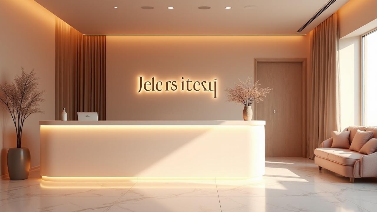 Kawasan penyambut tetamu Sinar Ayu yang kemas, moden, dengan sentuhan hangat dan tanaman hijau.