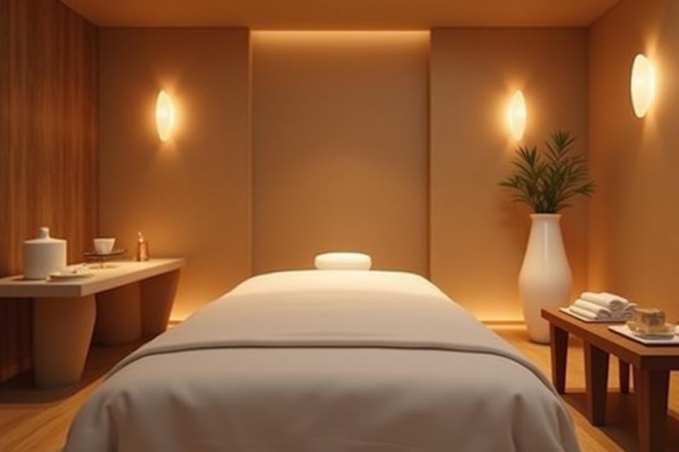 Bilik urutan yang menenangkan di Sinar Ayu dengan katil urut, pencahayaan lembut dan hiasan aromaterapi.